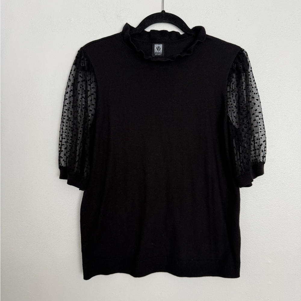 Anne Klein Black Top with Ruffled Neckline and Sheer Sleeves